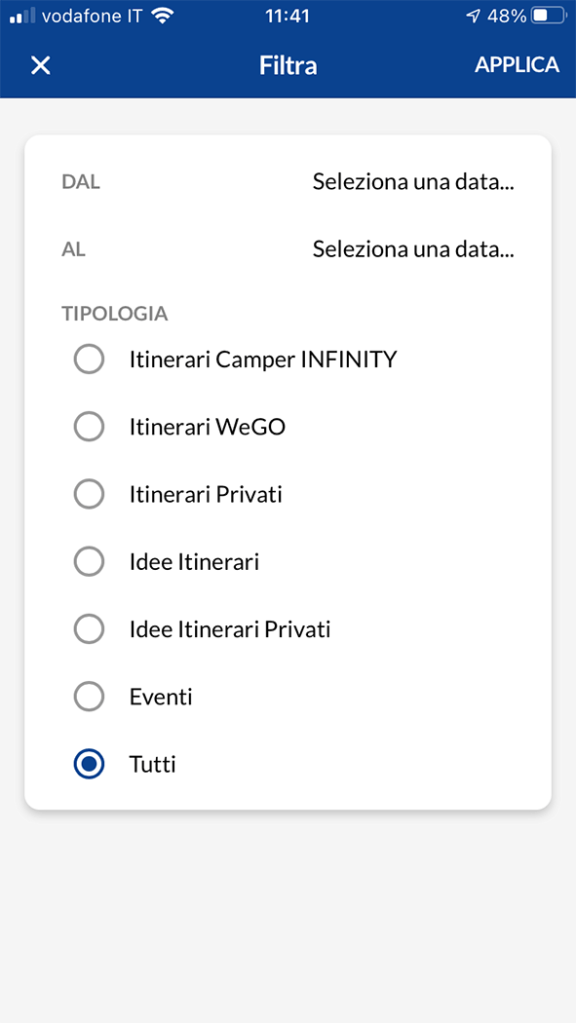 app viaggi camper infinity